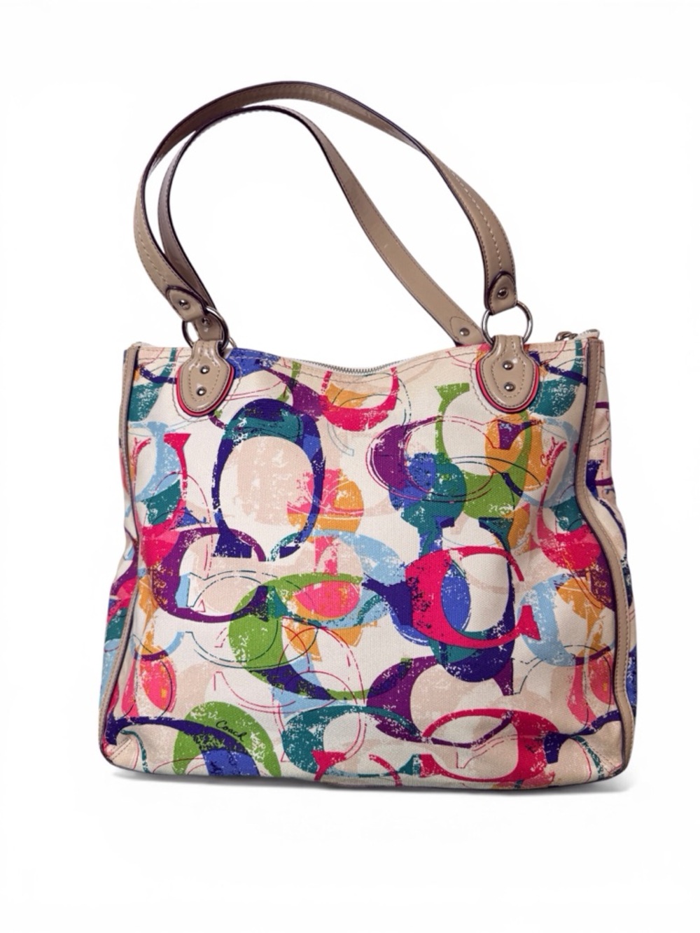 Coach Poppy Signature Canvas Hallie East/West Logo Tote Taupe/Multi EUC - Picture 5 of 11